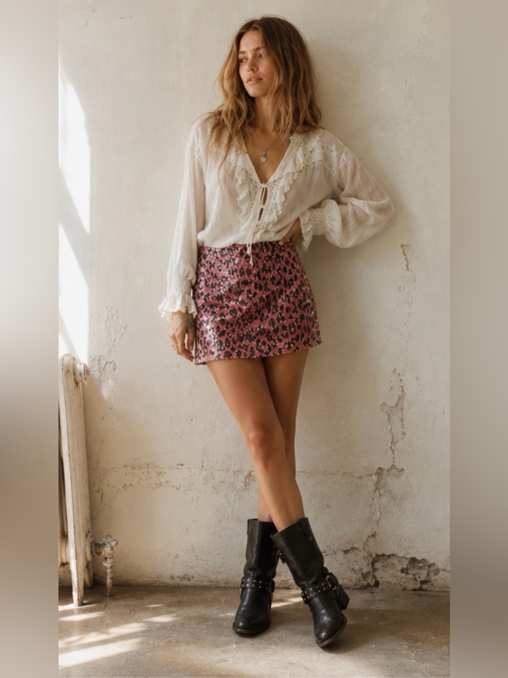 FP One by Free People Pink Leopard Print Sequined Mini Skirt